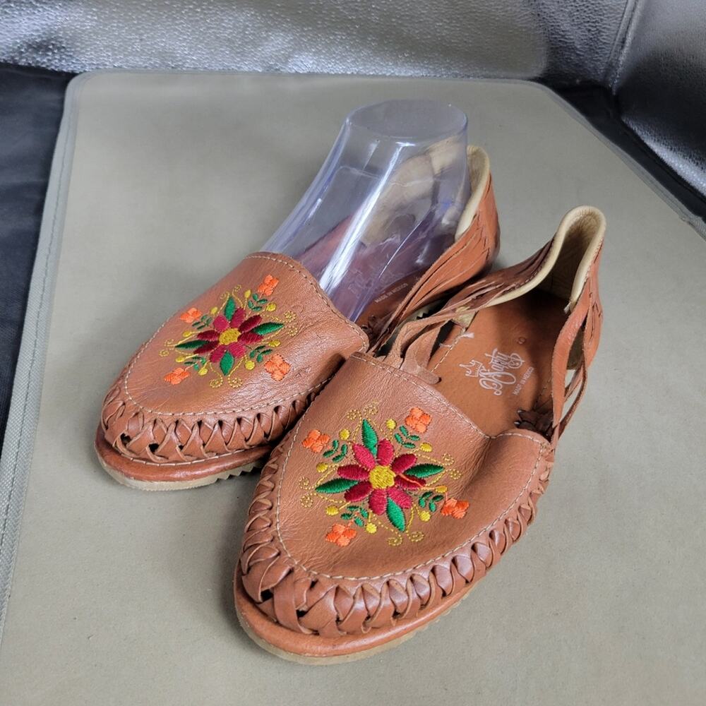 DSANTY HUARACHES Shoes Women Size 9 Brown Floral Embroidery Woven Leather Sandal